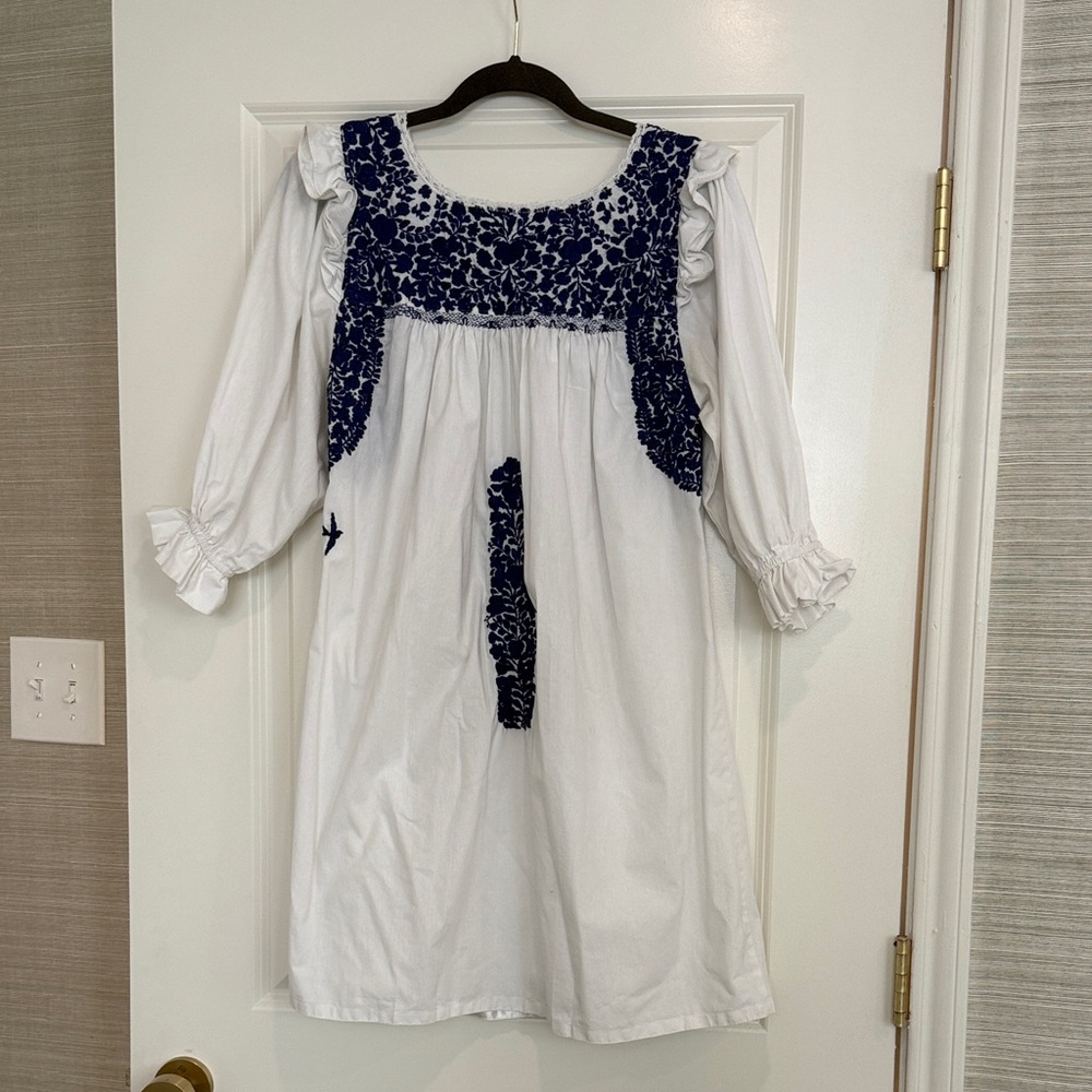 Mi Golondrina White Dress with Navy Embroidery